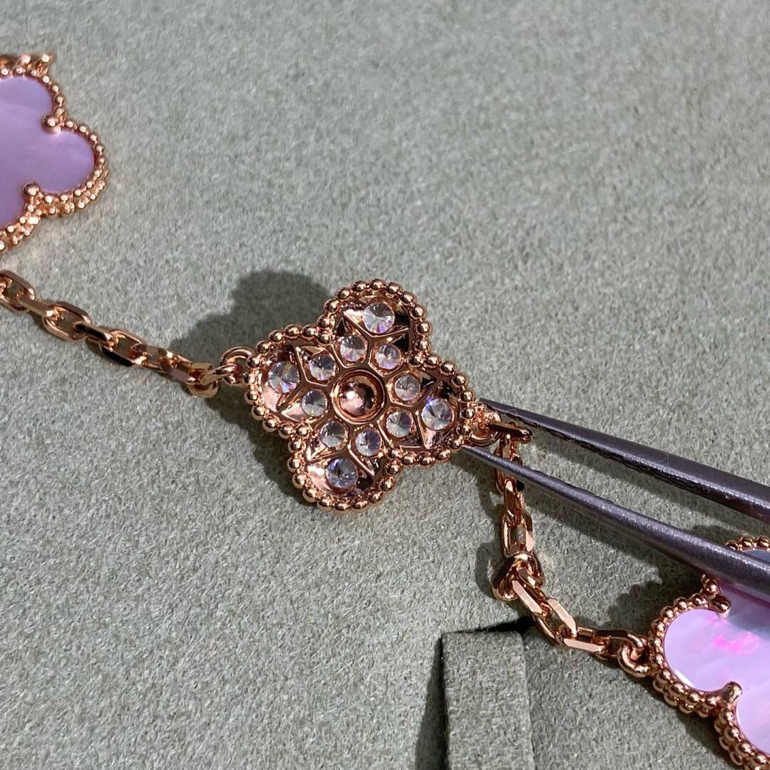[LuckyStar]CLOVER 10 MOTIFS DIAMOND PINK MOP NECKLACE