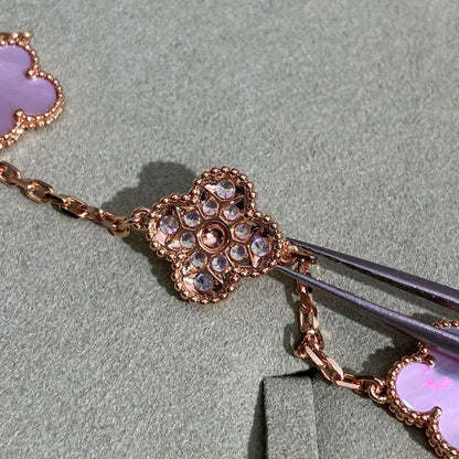 [LuckyStar]CLOVER 10 MOTIFS DIAMOND PINK MOP NECKLACE