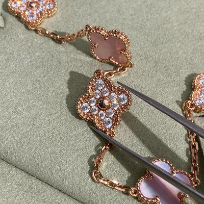 [LuckyStar]CLOVER 10 MOTIFS DIAMOND PINK MOP NECKLACE
