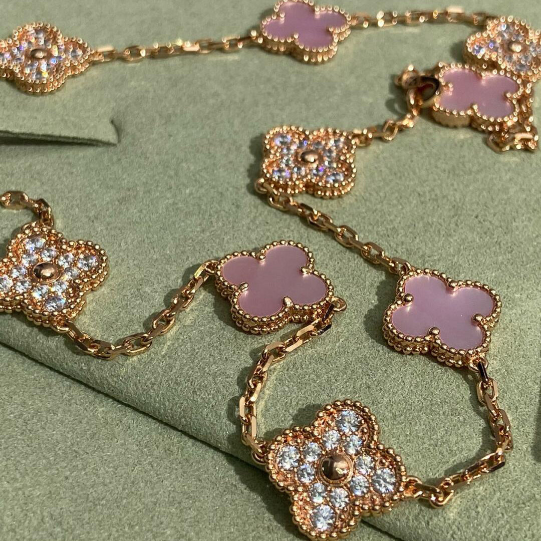 [LuckyStar]CLOVER 10 MOTIFS DIAMOND PINK MOP NECKLACE
