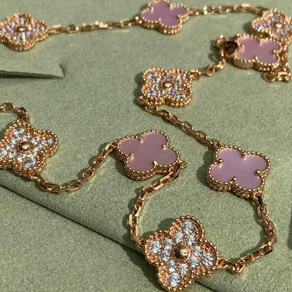 [LuckyStar]CLOVER 10 MOTIFS DIAMOND PINK MOP NECKLACE