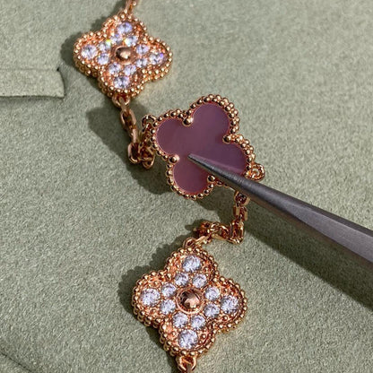 [LuckyStar]CLOVER 10 MOTIFS DIAMOND PINK MOP NECKLACE