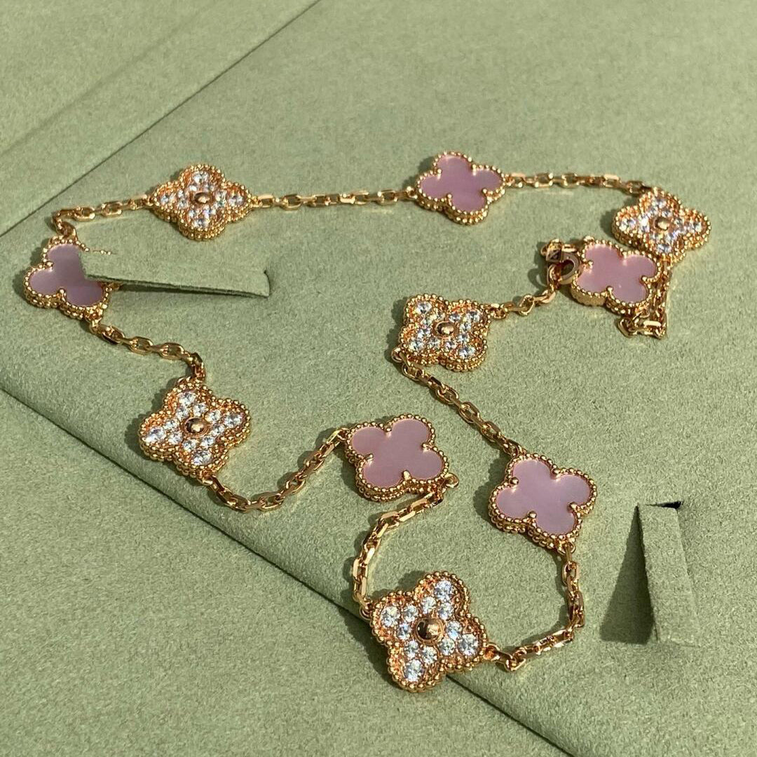 [LuckyStar]CLOVER 10 MOTIFS DIAMOND PINK MOP NECKLACE