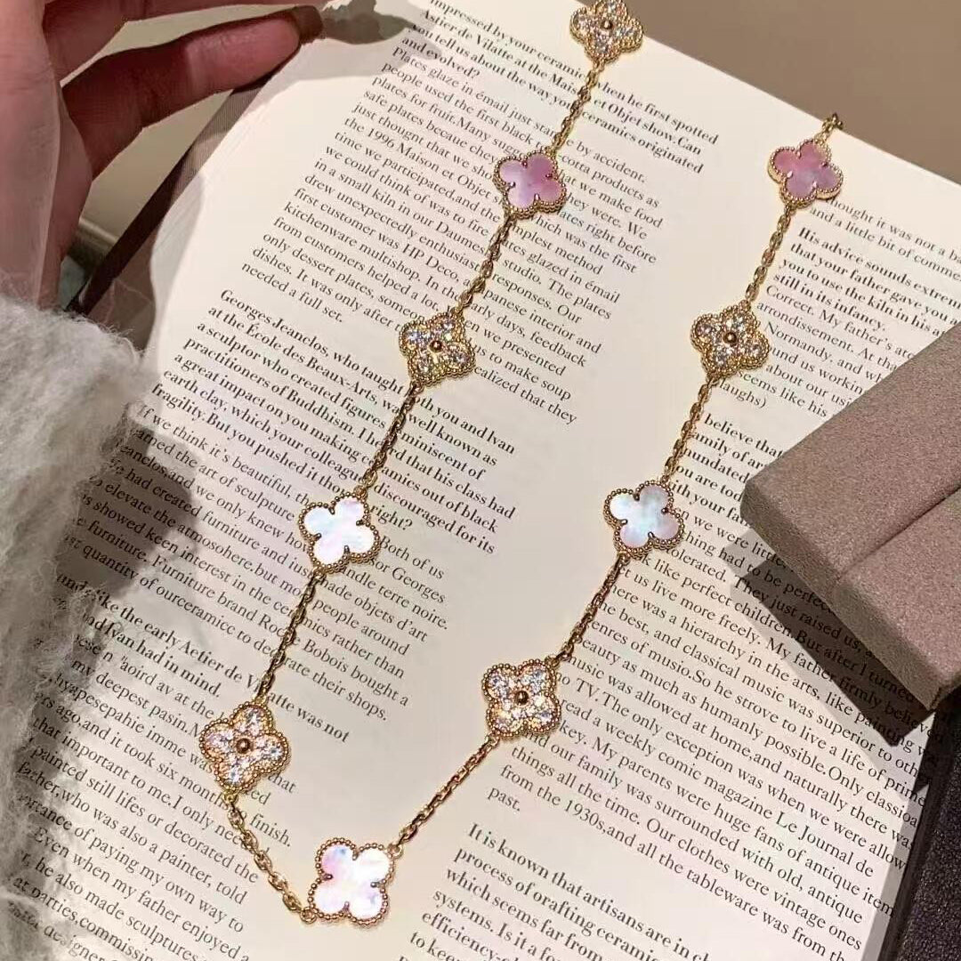 [LuckyStar]CLOVER 20 MOTIFS DIAMOND PINK MOP NECKLACE