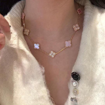 [LuckyStar]CLOVER 10 MOTIFS DIAMOND PINK MOP NECKLACE