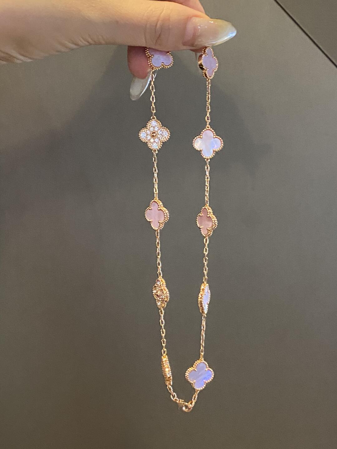 [LuckyStar]CLOVER 10 MOTIFS DIAMOND PINK MOP NECKLACE