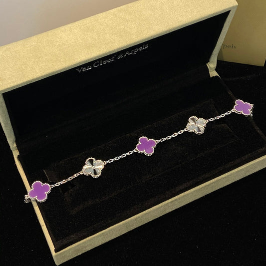 [LuckyStar]CLOVER  5 MOTIFS  PURPLE VIOLET BRACELET SILVER