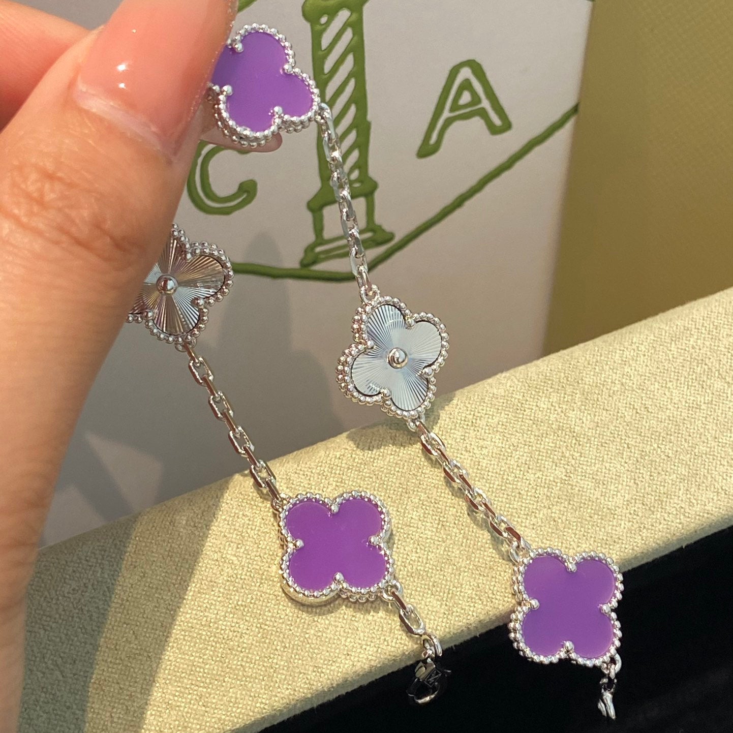 [LuckyStar]CLOVER  5 MOTIFS  PURPLE VIOLET BRACELET SILVER