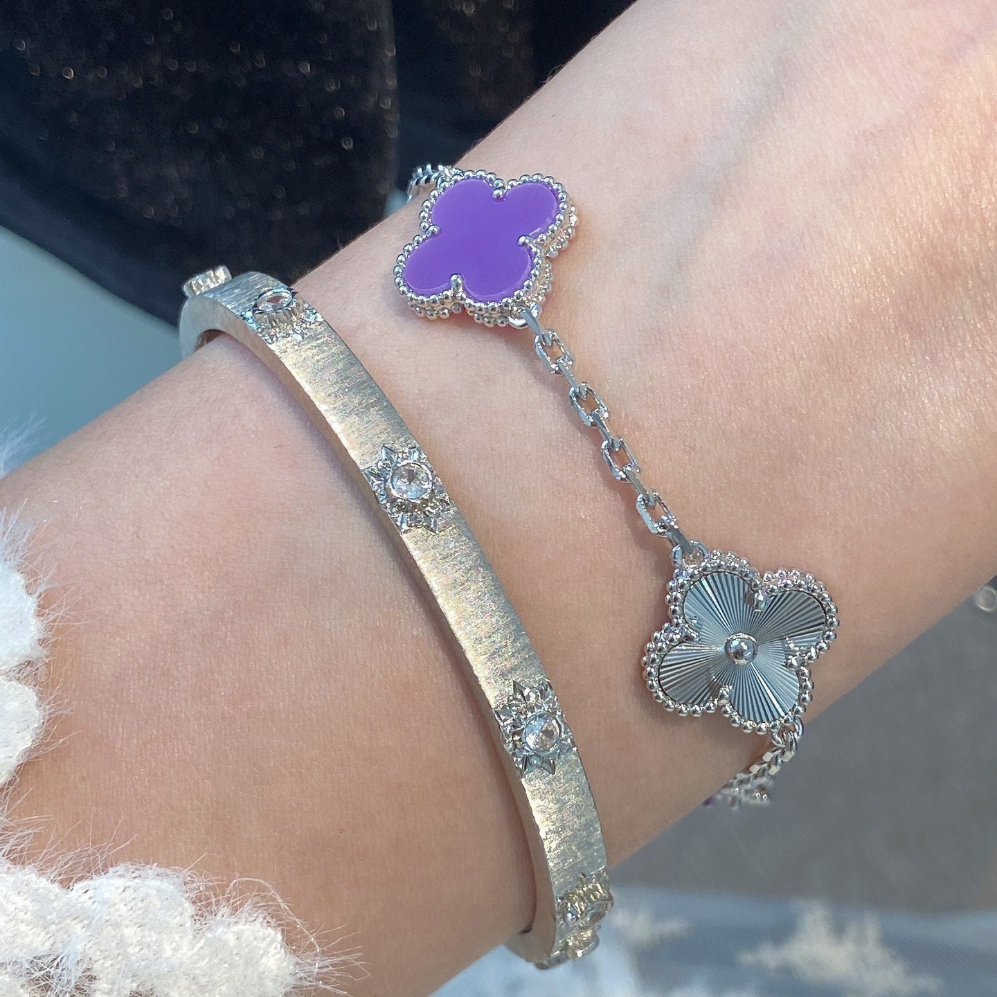 [LuckyStar]CLOVER  5 MOTIFS  PURPLE VIOLET BRACELET SILVER