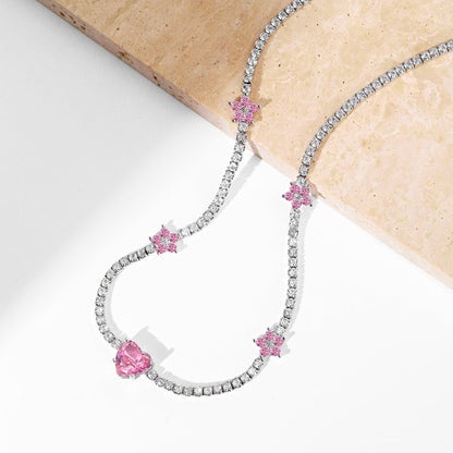 [LuckyStar]Dazzling Pink Heart Flower Necklace