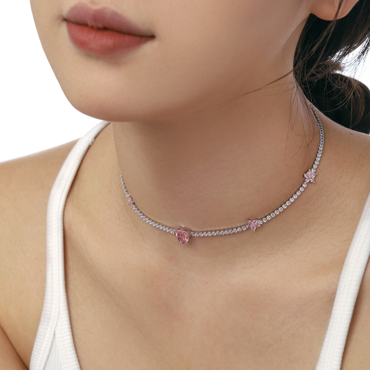 [LuckyStar]Dazzling Pink Heart Flower Necklace