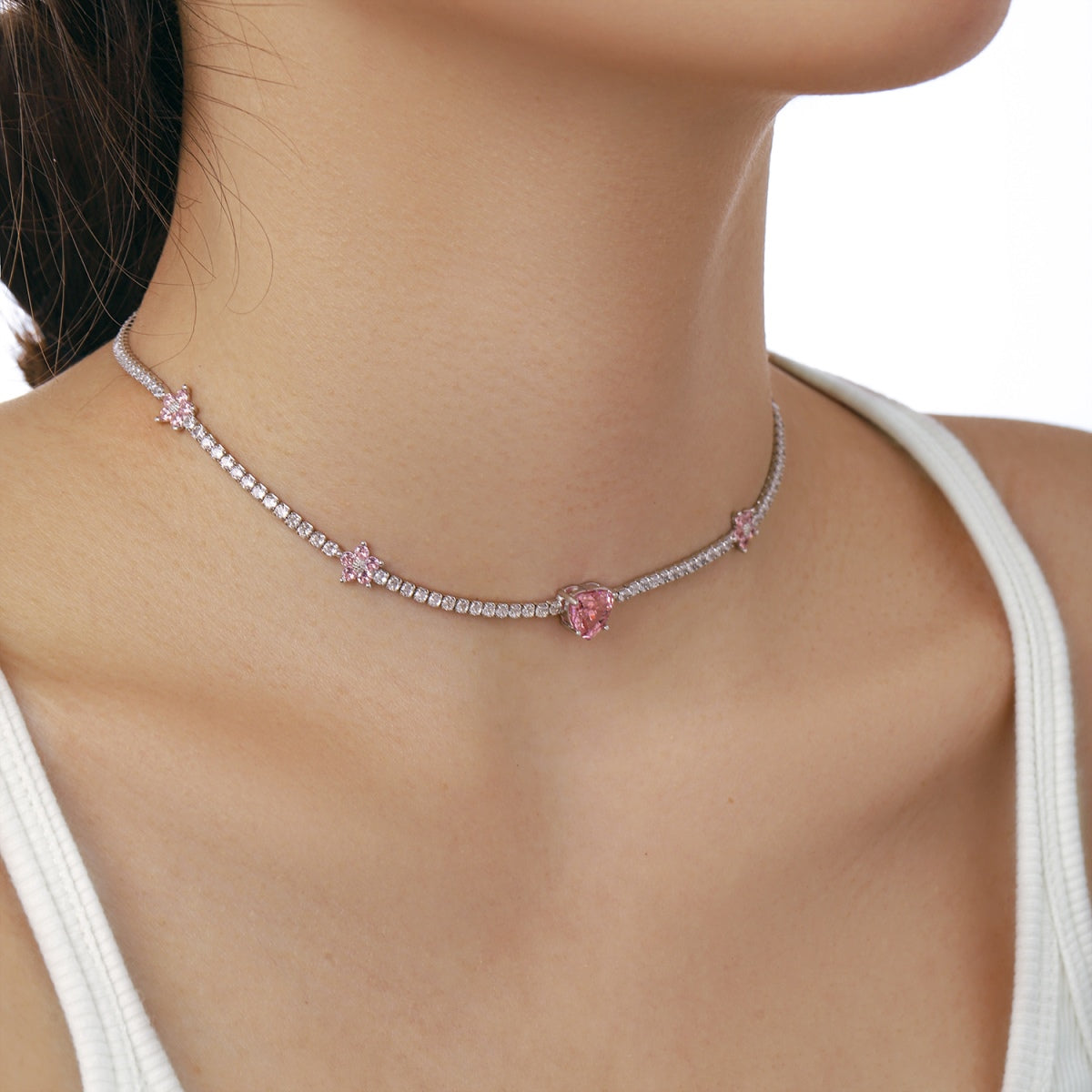 [LuckyStar]Dazzling Pink Heart Flower Necklace