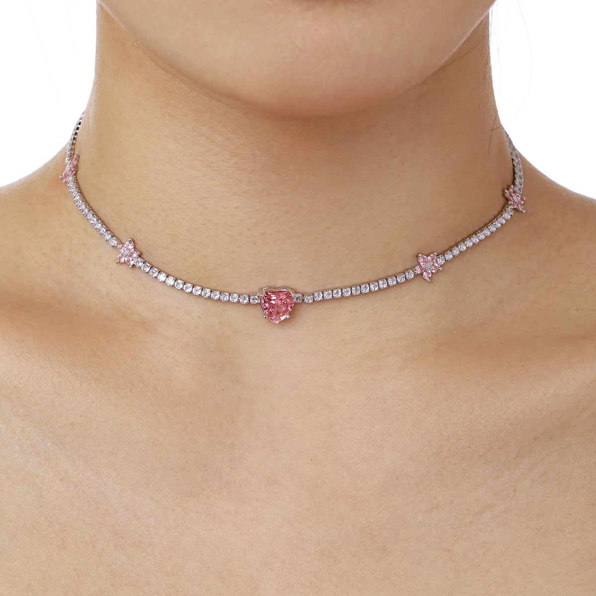 [LuckyStar]Dazzling Pink Heart Flower Necklace