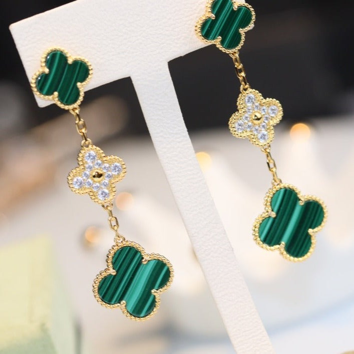 [LuckyStar]CLOVER OHRRINGE GOLD MALACHIT DIAMANT 3 MOTIV