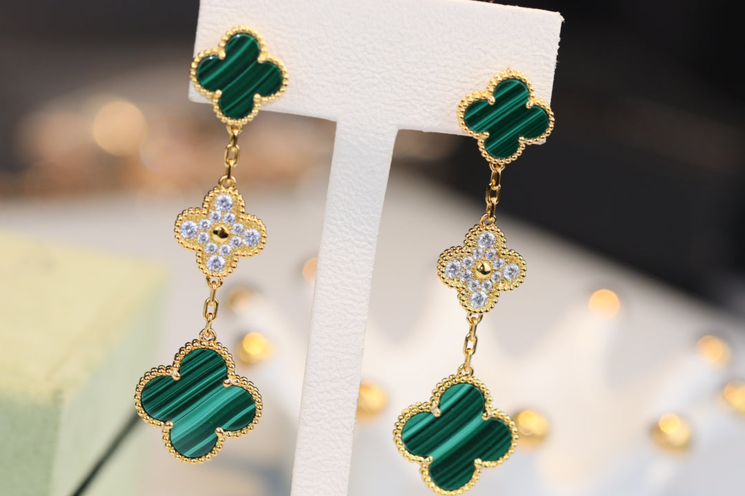 [LuckyStar]CLOVER OHRRINGE GOLD MALACHIT DIAMANT 3 MOTIV