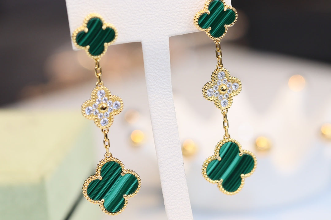 [LuckyStar]CLOVER OHRRINGE GOLD MALACHIT DIAMANT 3 MOTIV