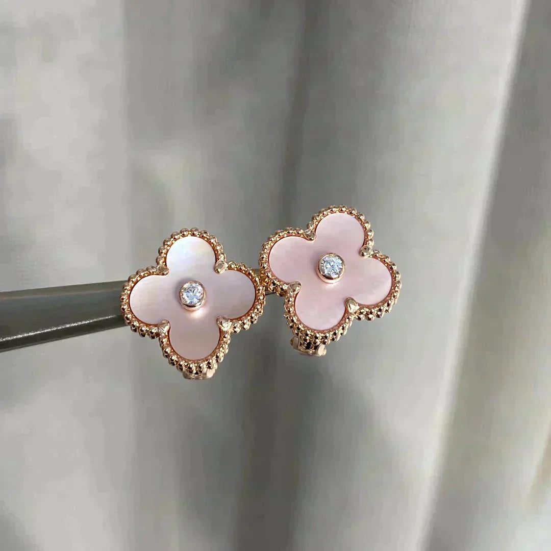 [LuckyStar]CLOVER MEDIUM 1 MOTIFS PINK MOP DIAMOND OHRRINGE