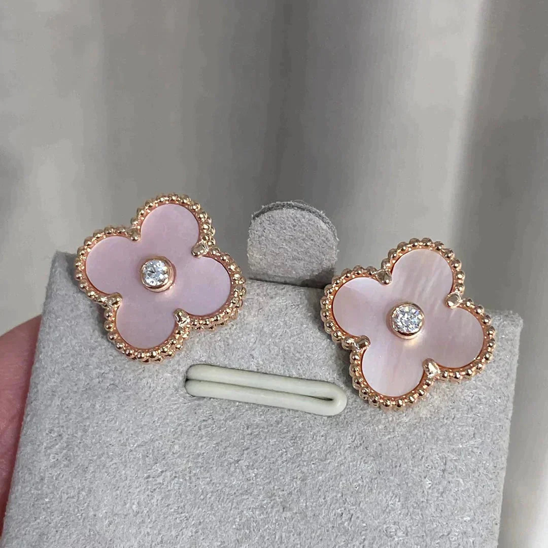 [LuckyStar]CLOVER MEDIUM 1 MOTIFS PINK MOP DIAMOND OHRRINGE
