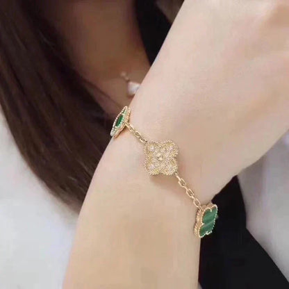 [LuckyStar] Armband mit Kleeblatt-5-Motiv, Malachit und Diamanten