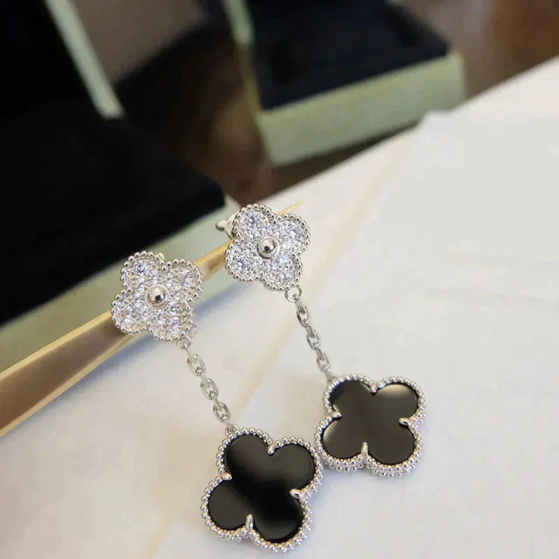 [LuckyStar]CLOVER 2 MOTIVE DIAMANT ONYX OHRRINGE SILBER