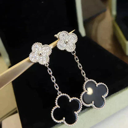 [LuckyStar]CLOVER 2 MOTIVE DIAMANT ONYX OHRRINGE SILBER