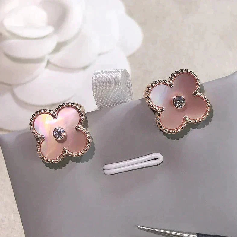 [LuckyStar]CLOVER MEDIUM 1 MOTIFS PINK MOP DIAMOND OHRRINGE