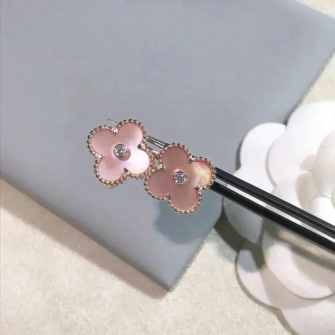 [LuckyStar]CLOVER MEDIUM 1 MOTIFS PINK MOP DIAMOND OHRRINGE