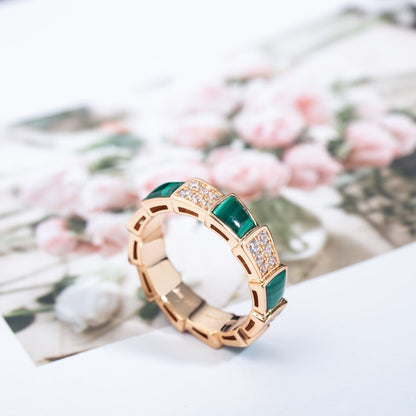 [LuckyStar]SERPENTI RING ROTGOLD MALACHIT DIAMANT GEPAVIERT 4MM