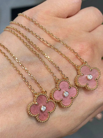 [LuckyStar]CLOVER 15MM DIAMANT-RHODONIT-HALSKETTE