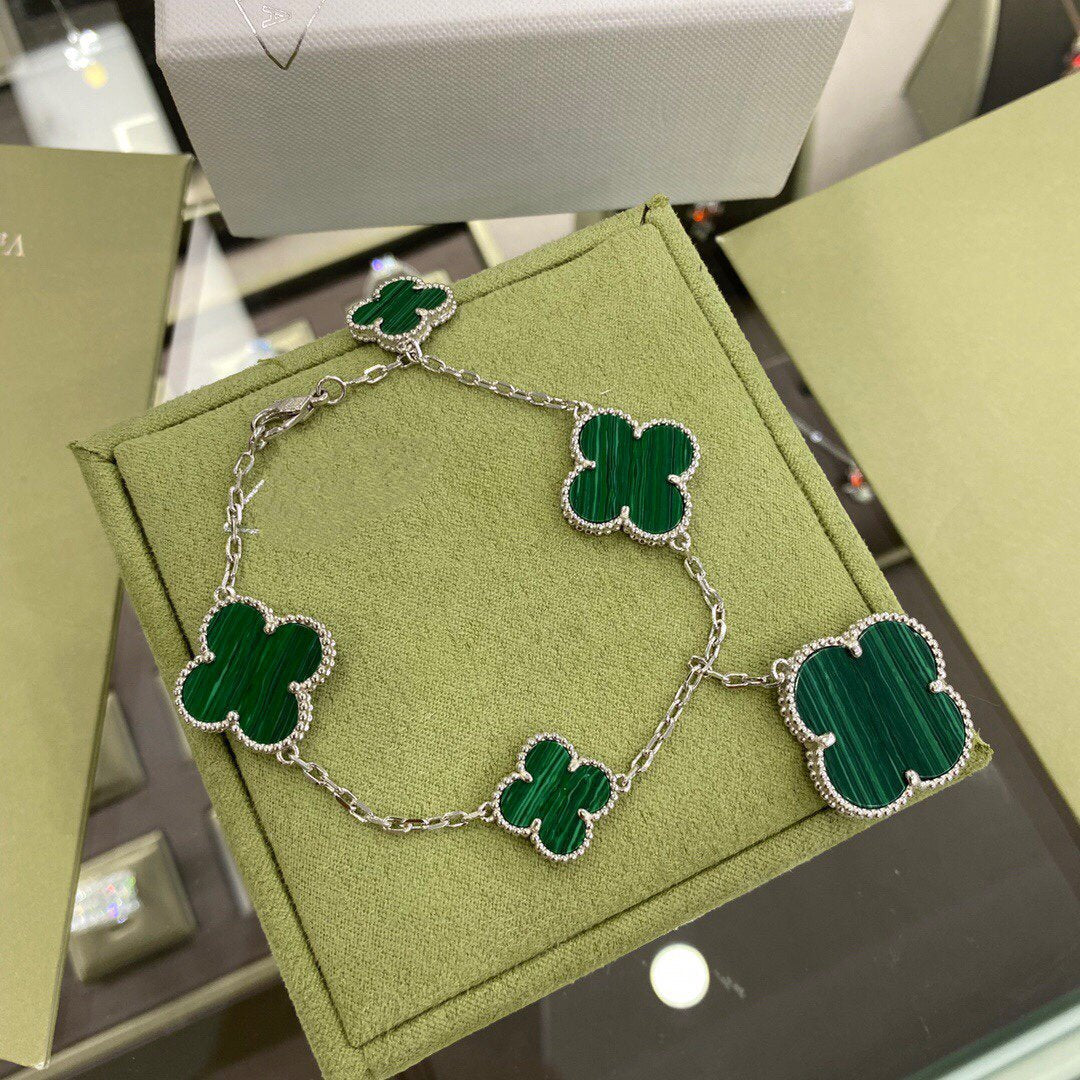 [LuckyStar]CLOVER 5 MOTIVE SIVLER MALACHIT ARMBAND