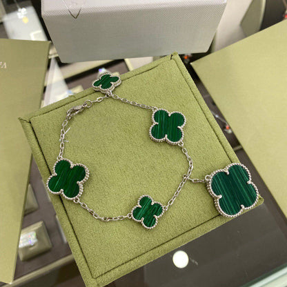 [LuckyStar]CLOVER 5 MOTIVE SIVLER MALACHIT ARMBAND