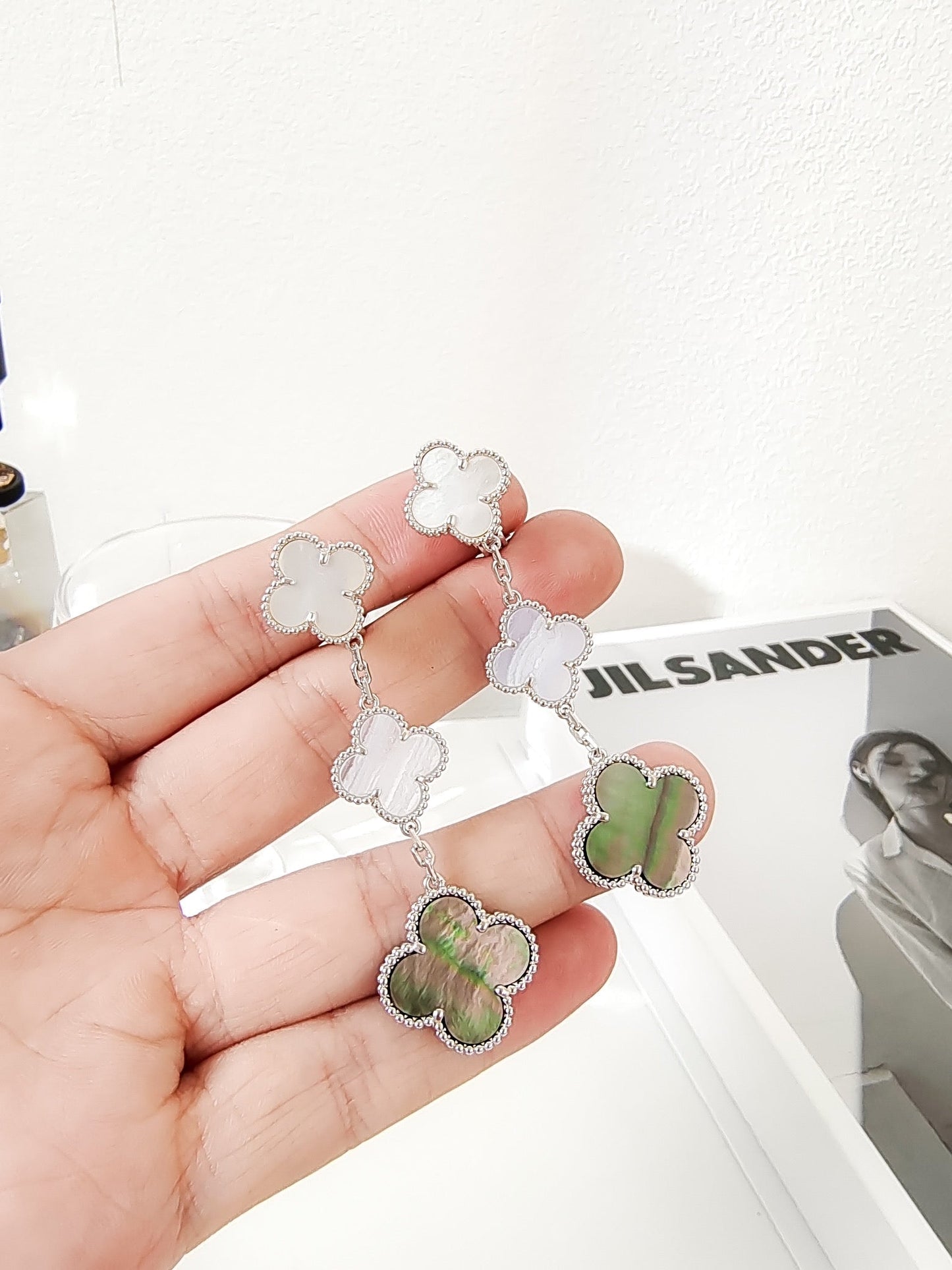 [LuckyStar]CLOVER 3 MOTIVE CHALCEDON DUNKEL MOP SILBER OHRRINGE