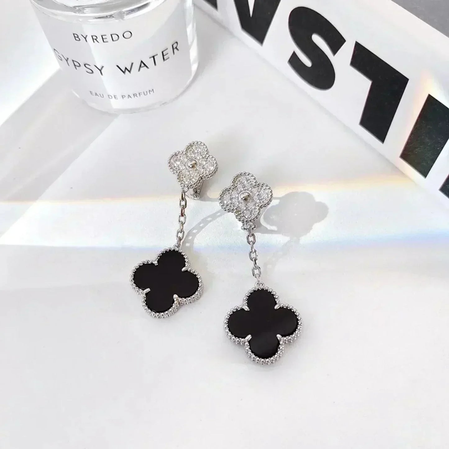 [LuckyStar]CLOVER 2 MOTIVE DIAMANT ONYX OHRRINGE SILBER