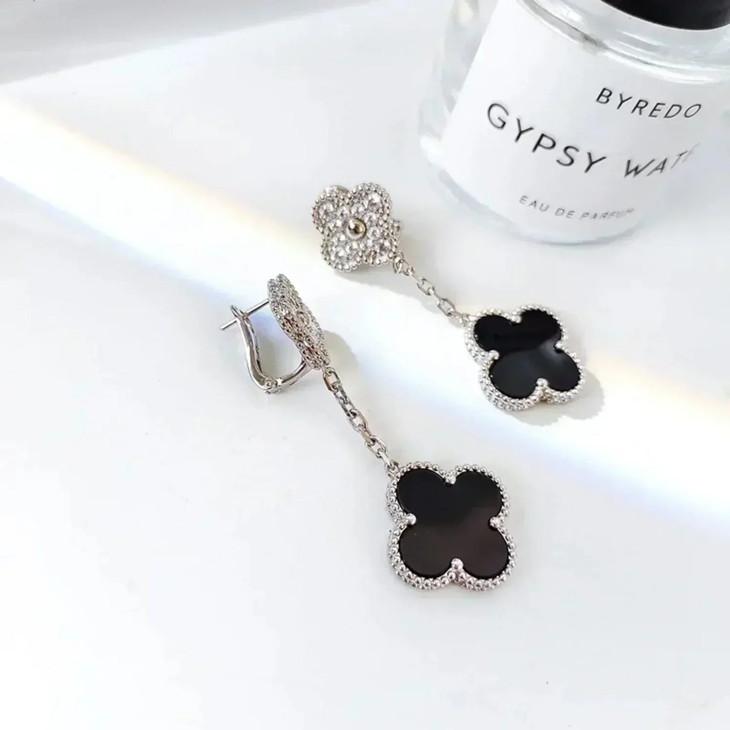 [LuckyStar]CLOVER 2 MOTIVE DIAMANT ONYX OHRRINGE SILBER