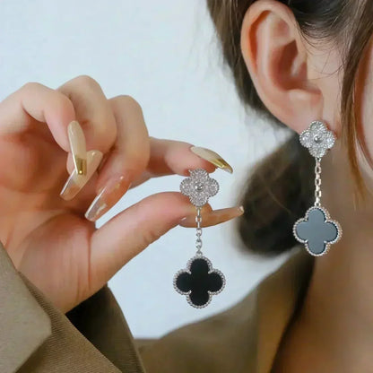 [LuckyStar]CLOVER 2 MOTIVE DIAMANT ONYX OHRRINGE SILBER