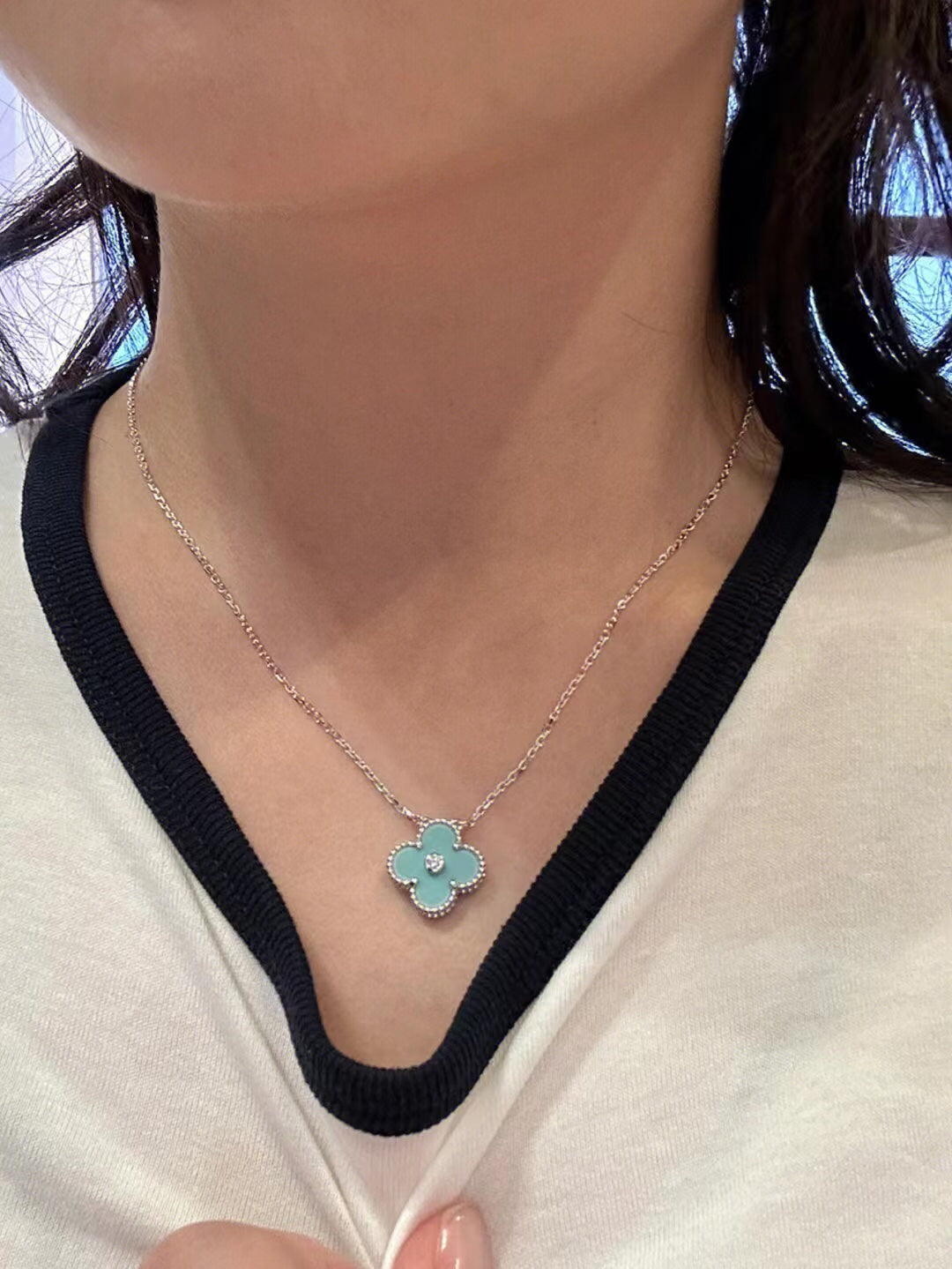 [LuckyStar]CLOVER 1 DIAMANT HELLBLAU SILBER HALSKETTE