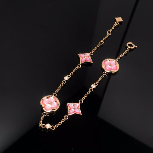 [LuckyStar]Armband mit Stern- und Sonnenmotiv, 4 Motive, rosa Perlmutt, Roségold 