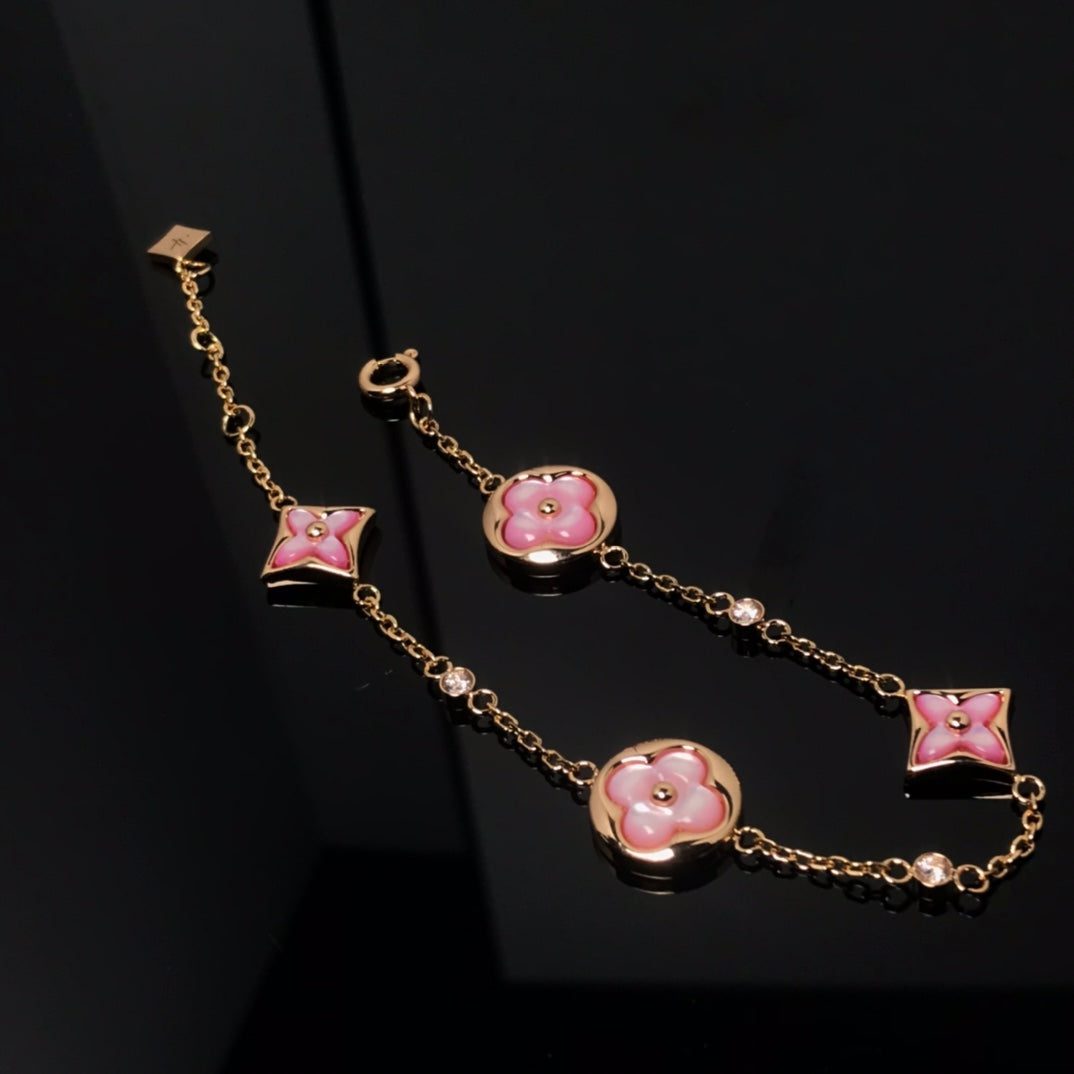 [LuckyStar]Armband mit Stern- und Sonnenmotiv, 4 Motive, rosa Perlmutt, Roségold 