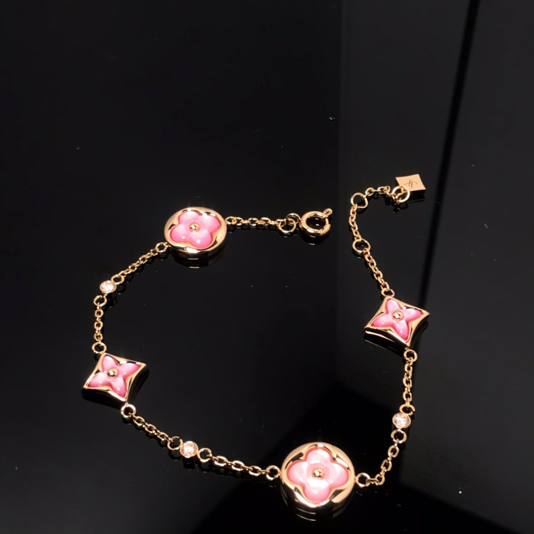 [LuckyStar]Armband mit Stern- und Sonnenmotiv, 4 Motive, rosa Perlmutt, Roségold 