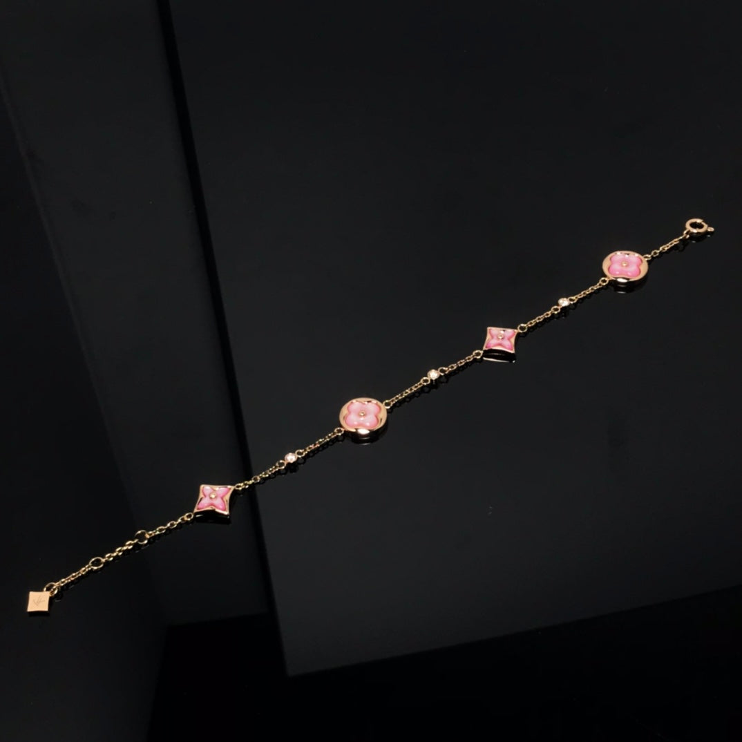 [LuckyStar]Armband mit Stern- und Sonnenmotiv, 4 Motive, rosa Perlmutt, Roségold 