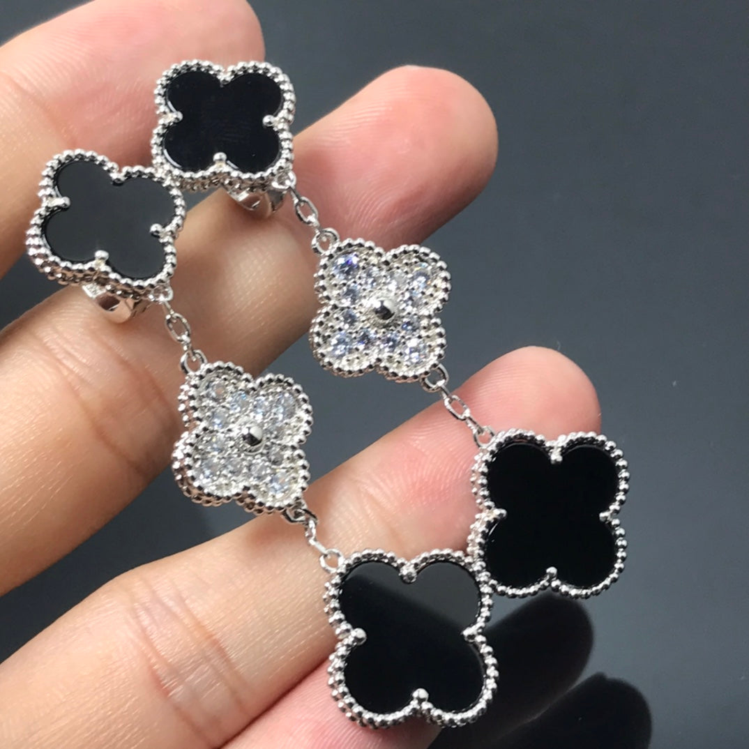 [LuckyStar] KLEEBLATT 3 MOTIV DIAMANT ONYX SILBER OHRRINGE