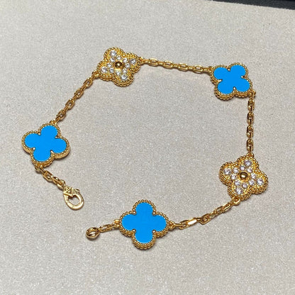 [LuckyStar]CLOVER 5 MOTIV BLAUER CHALCEDON DIAMANT GOLDARMBAND 