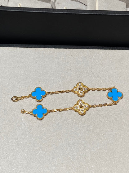 [LuckyStar]CLOVER 5 MOTIV BLAUER CHALCEDON DIAMANT GOLDARMBAND 