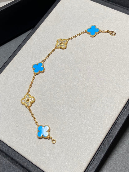 [LuckyStar]CLOVER 5 MOTIV BLAUER CHALCEDON DIAMANT GOLDARMBAND 