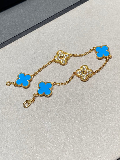 [LuckyStar]CLOVER 5 MOTIV BLAUER CHALCEDON DIAMANT GOLDARMBAND 