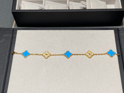 [LuckyStar]CLOVER 5 MOTIV BLAUER CHALCEDON DIAMANT GOLDARMBAND 