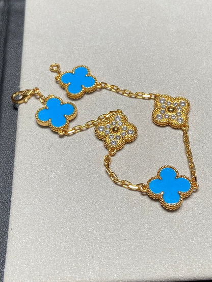 [LuckyStar]CLOVER 5 MOTIV BLAUER CHALCEDON DIAMANT GOLDARMBAND 