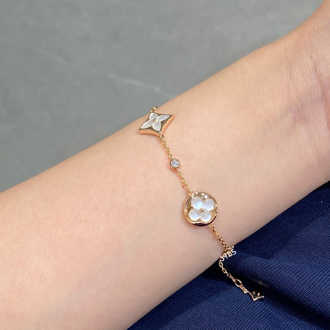 [LuckyStar]Armband mit Stern- und Sonnenmotiv, 4 Motive, Weiß, Perlmutt, Roségold 