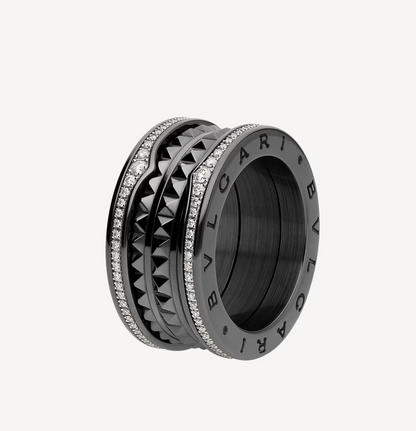 [LuckyStar]ZERO 1 ROCK FOUR-BAND BLACK CERAMIC WITH STUDDED SPIRAL AND PAVED DIAMONDS RING