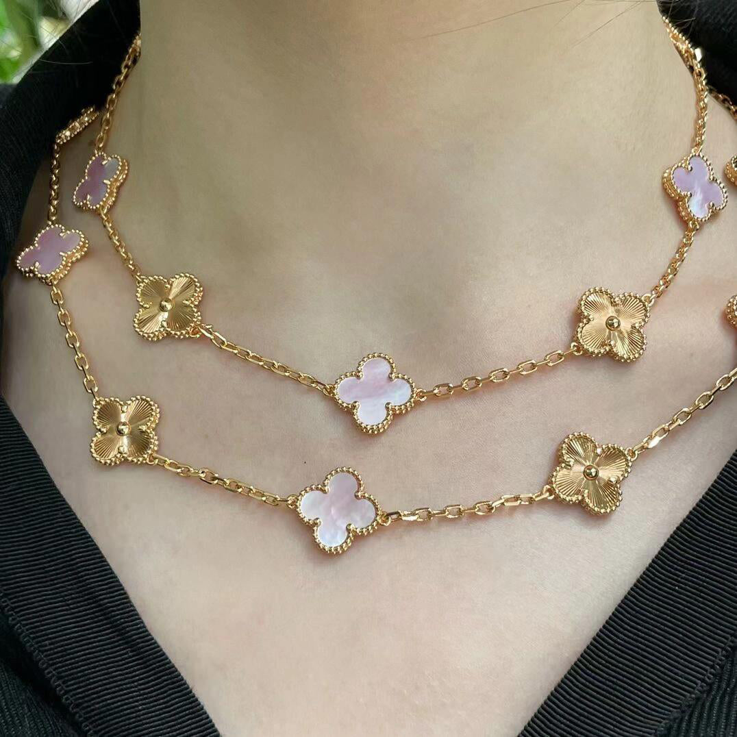 [LuckyStar]CLOVER 20 MOTIFS LASER PINK MOP NECKLACE